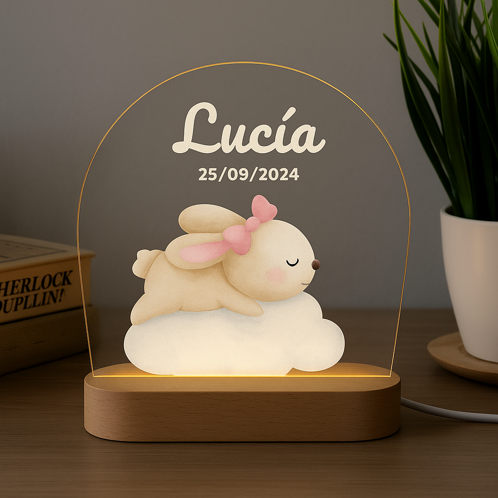 Lámpara infantil personalizada con conejita sobre nube – Luz de noche con nombre