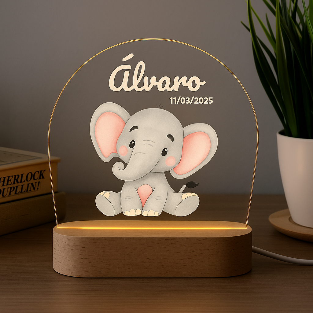 Lámpara LED infantil personalizada con elefante – Regalo con nombre para bebé