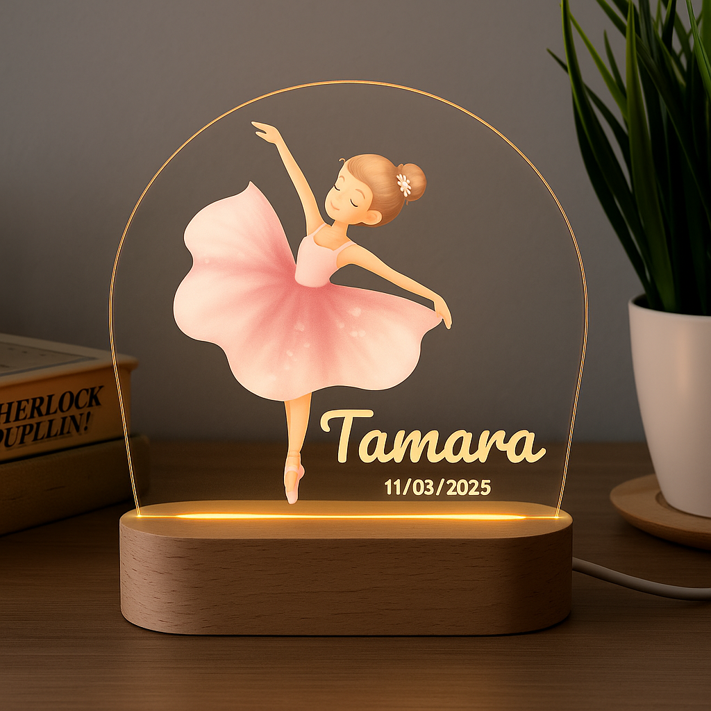 Lámpara infantil personalizada con bailarina – Luz quitamiedos con nombre para niñas