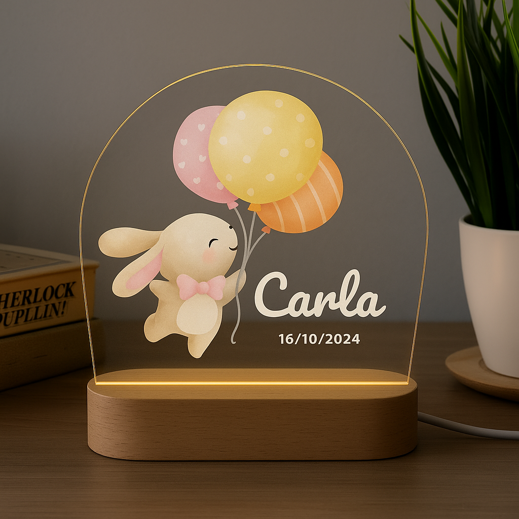 Lámpara LED infantil personalizada con conejita y globos – Regalo original para niñas