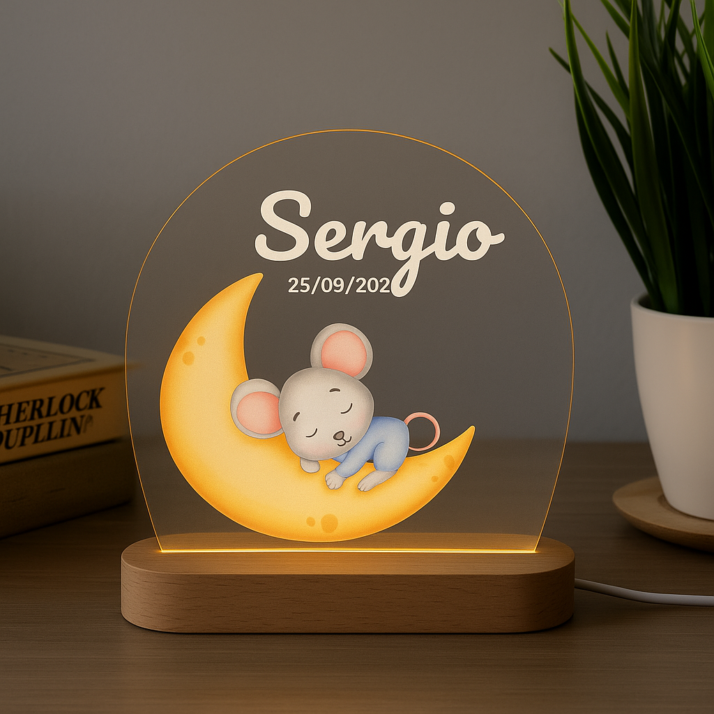 Lámpara infantil personalizada con ratoncito durmiendo en la luna – Luz quitamiedos para bebés