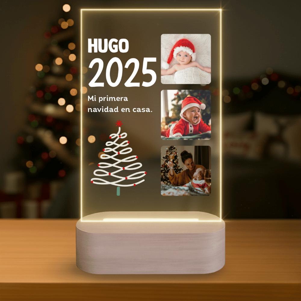 Lámpara Personalizada Navidad 3 Fotos, Diseño Árbol