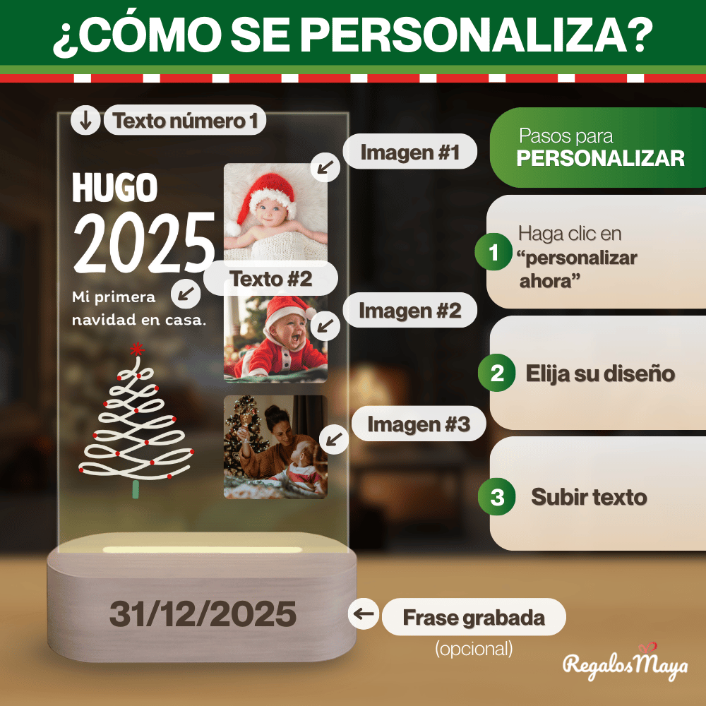 Lámpara Personalizada Navidad 3 Fotos, Diseño Árbol