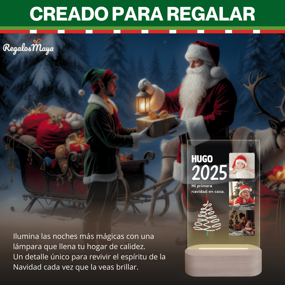 Lámpara Personalizada Navidad 3 Fotos, Diseño Árbol
