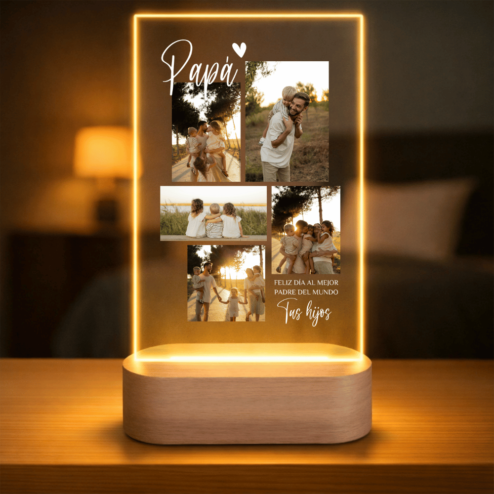 Lámpara Personalizada Día del Padre con Fotos y Dedicatoria – Regalo Original para Papa Familiar con Luz LED en Metacrilato y Base de Madera Opcional Grabada