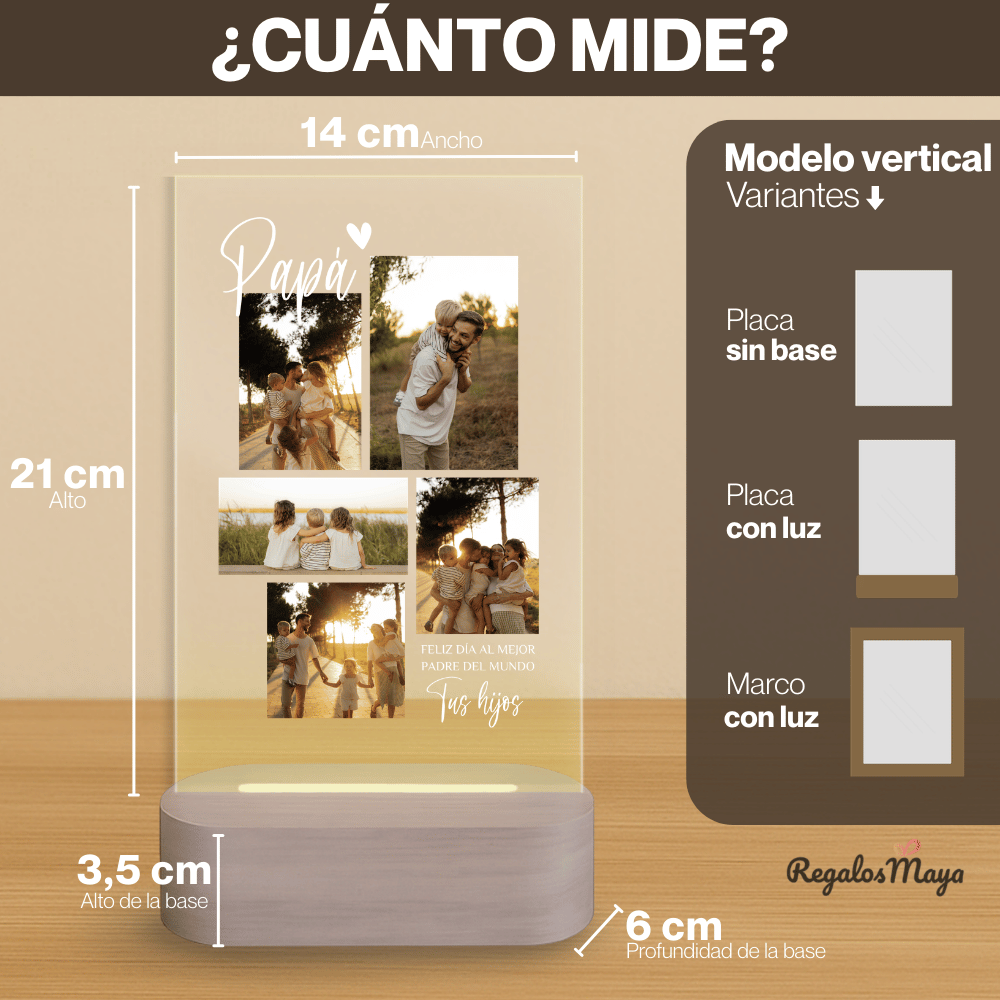 Lámpara Personalizada Día del Padre con Fotos y Dedicatoria – Regalo Original para Papa Familiar con Luz LED en Metacrilato y Base de Madera Opcional Grabada