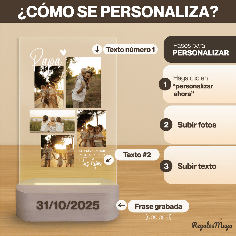 Lámpara Personalizada Día del Padre con Fotos y Dedicatoria – Regalo Original para Papa Familiar con Luz LED en Metacrilato y Base de Madera Opcional Grabada