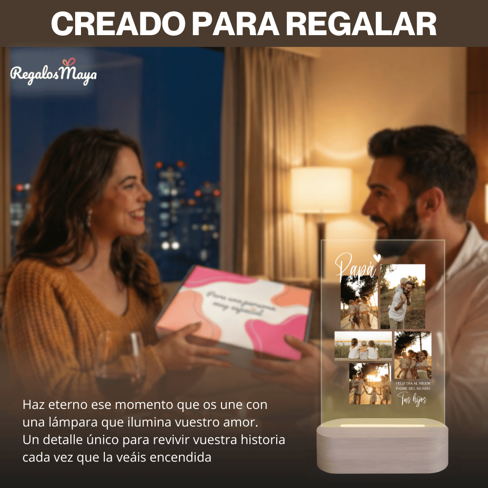 Lámpara Personalizada Día del Padre con Fotos y Dedicatoria – Regalo Original para Papa Familiar con Luz LED en Metacrilato y Base de Madera Opcional Grabada