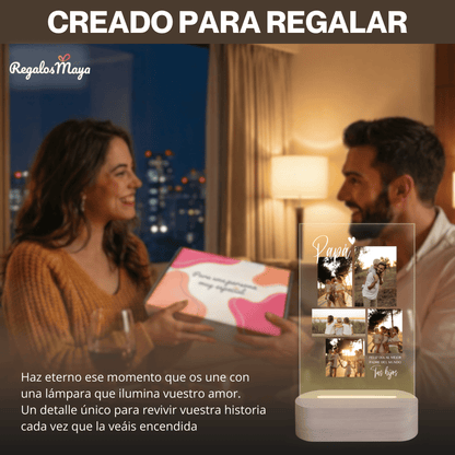 Lámpara Personalizada Día del Padre con Fotos y Dedicatoria – Regalo Original para Papa Familiar con Luz LED en Metacrilato y Base de Madera Opcional Grabada