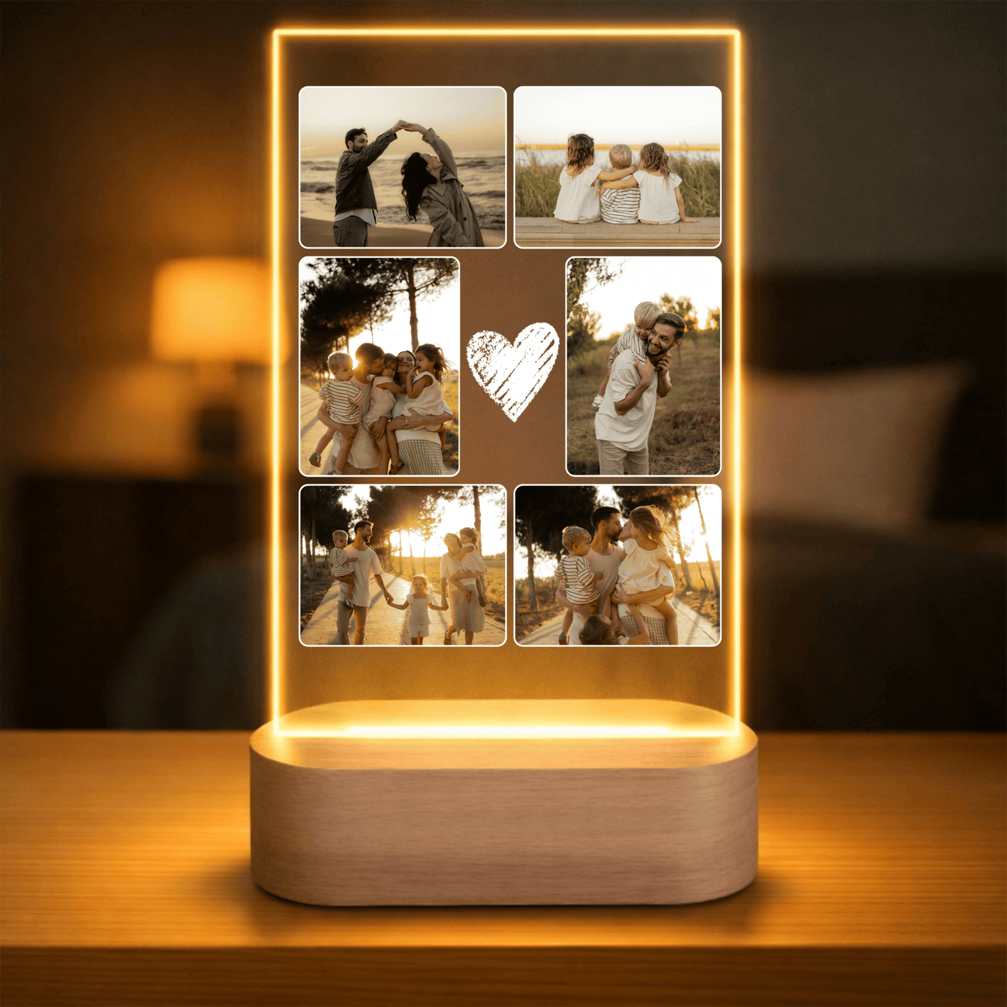 Lámpara Personalizada para Papa con Collage de Fotos – Regalo Día del Padre Familiar con Diseño Corazón, Luz LED en Metacrilato y Base de Madera Opcional