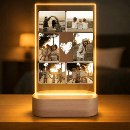 Lámpara Personalizada para Papa con Collage de Fotos – Regalo Día del Padre Familiar con Diseño Corazón, Luz LED en Metacrilato y Base de Madera Opcional