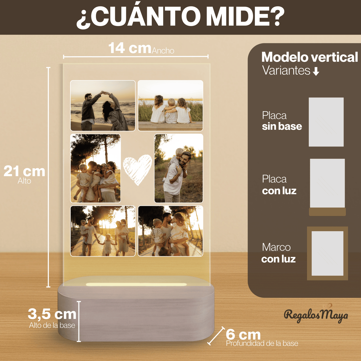 Lámpara Personalizada para Papa con Collage de Fotos – Regalo Día del Padre Familiar con Diseño Corazón, Luz LED en Metacrilato y Base de Madera Opcional