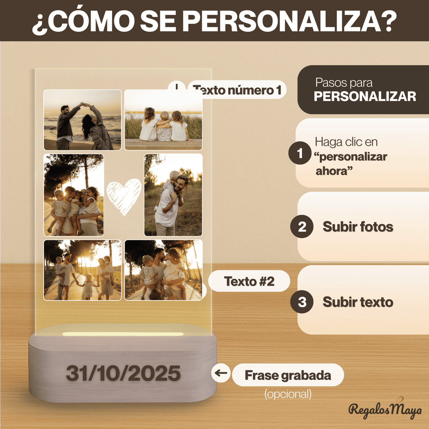Lámpara Personalizada para Papa con Collage de Fotos – Regalo Día del Padre Familiar con Diseño Corazón, Luz LED en Metacrilato y Base de Madera Opcional