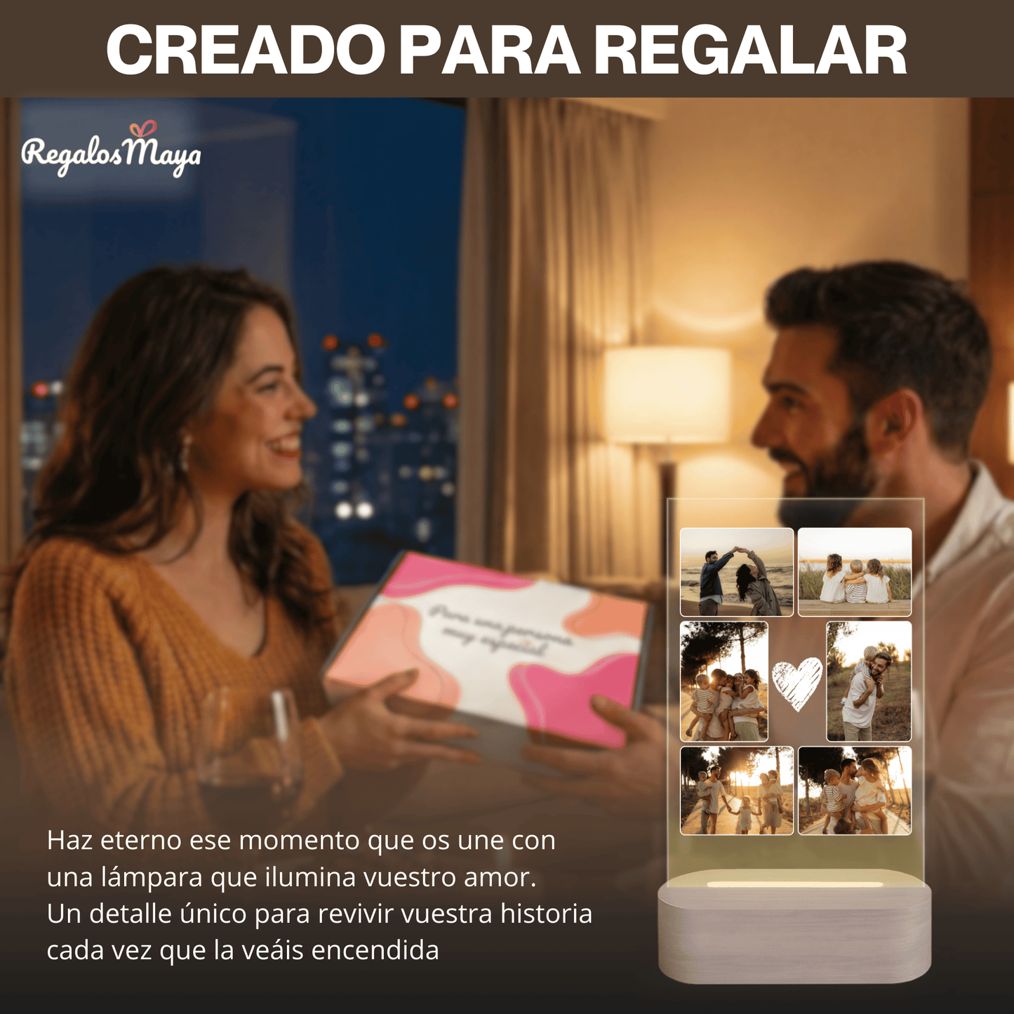 Lámpara Personalizada para Papa con Collage de Fotos – Regalo Día del Padre Familiar con Diseño Corazón, Luz LED en Metacrilato y Base de Madera Opcional