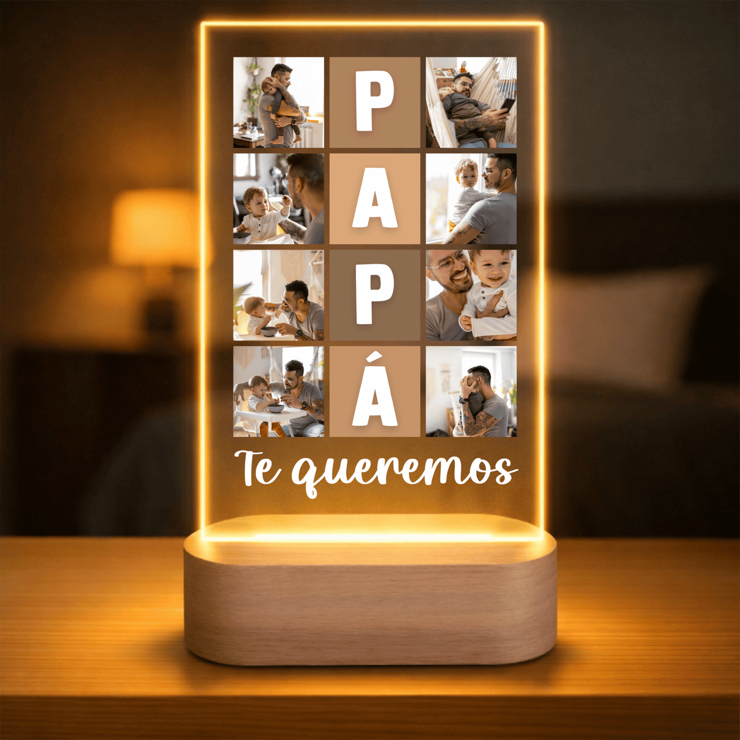 Lámpara Personalizada Papá con Collage Vertical y Nombre Integrado – Regalo Día del Padre Emotivo en Placa LED Metacrilato con Base de Madera Grabable