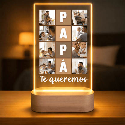Lámpara Personalizada Papá con Collage Vertical y Nombre Integrado – Regalo Día del Padre Emotivo en Placa LED Metacrilato con Base de Madera Grabable