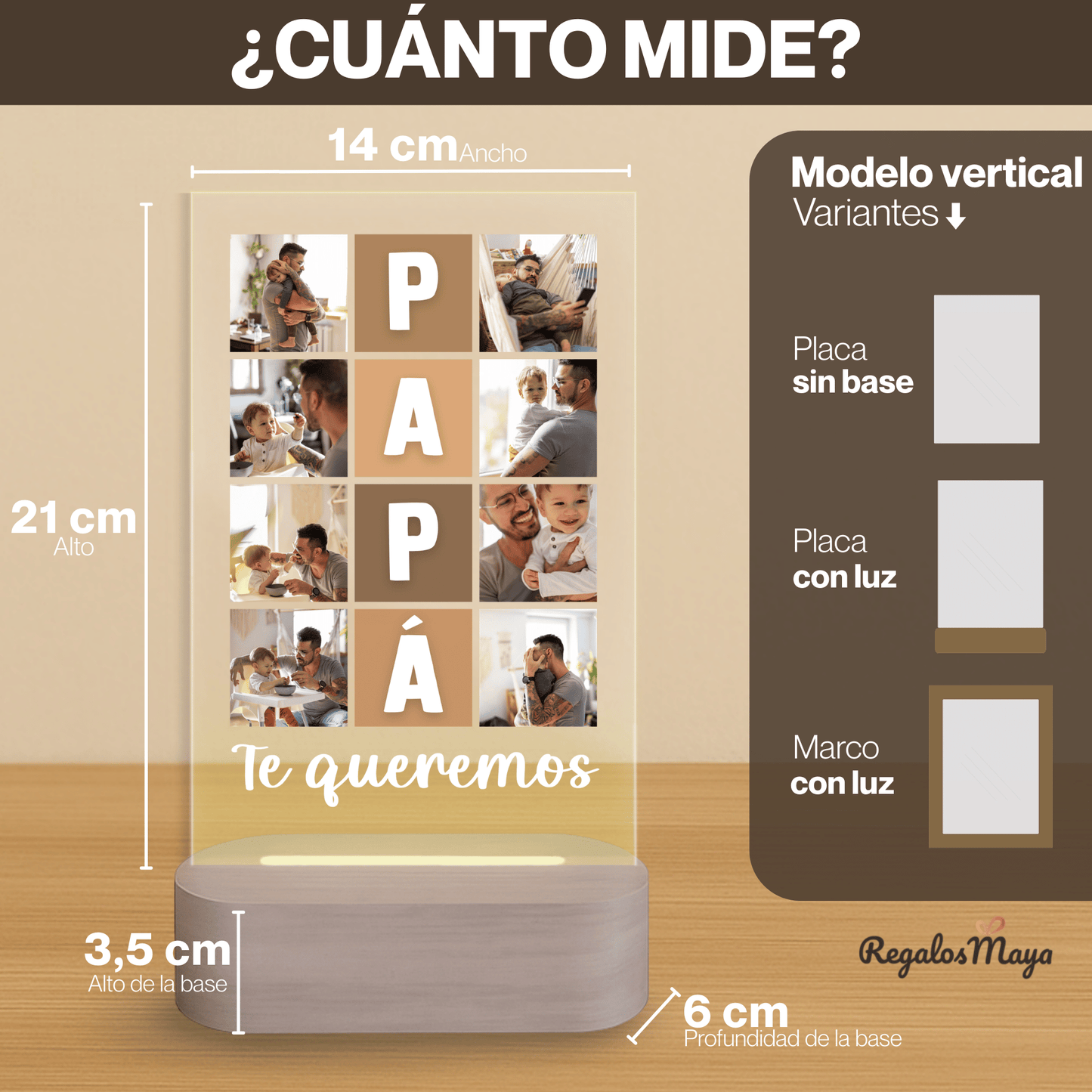 Lámpara Personalizada Papá con Collage Vertical y Nombre Integrado – Regalo Día del Padre Emotivo en Placa LED Metacrilato con Base de Madera Grabable