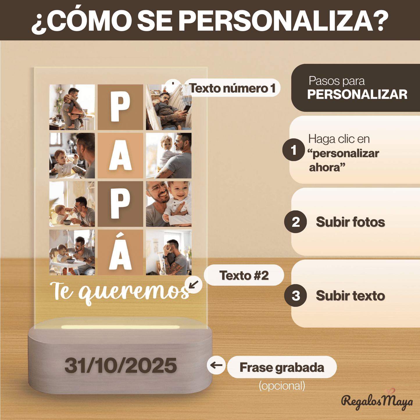 Lámpara Personalizada Papá con Collage Vertical y Nombre Integrado – Regalo Día del Padre Emotivo en Placa LED Metacrilato con Base de Madera Grabable