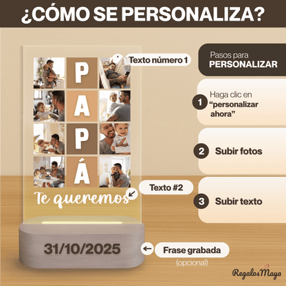 Lámpara Personalizada Papá con Collage Vertical y Nombre Integrado – Regalo Día del Padre Emotivo en Placa LED Metacrilato con Base de Madera Grabable
