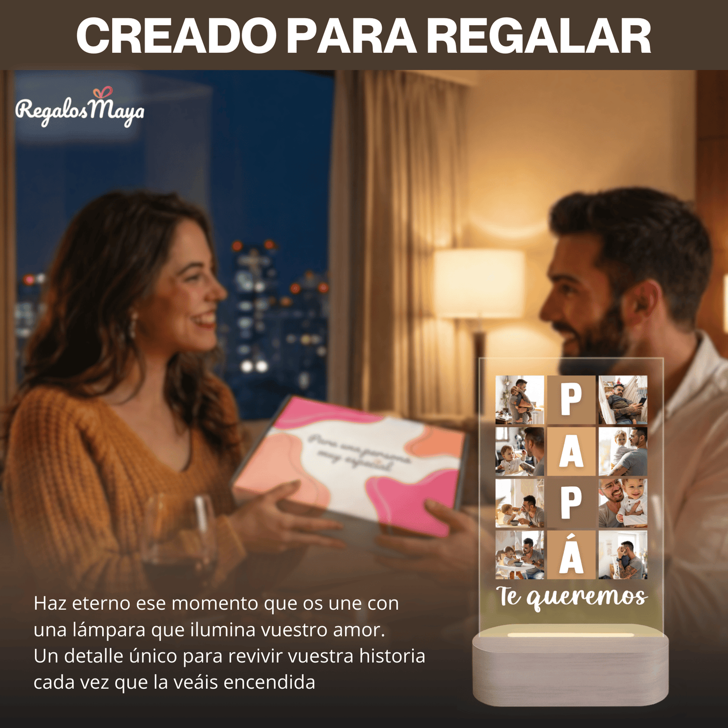 Lámpara Personalizada Papá con Collage Vertical y Nombre Integrado – Regalo Día del Padre Emotivo en Placa LED Metacrilato con Base de Madera Grabable