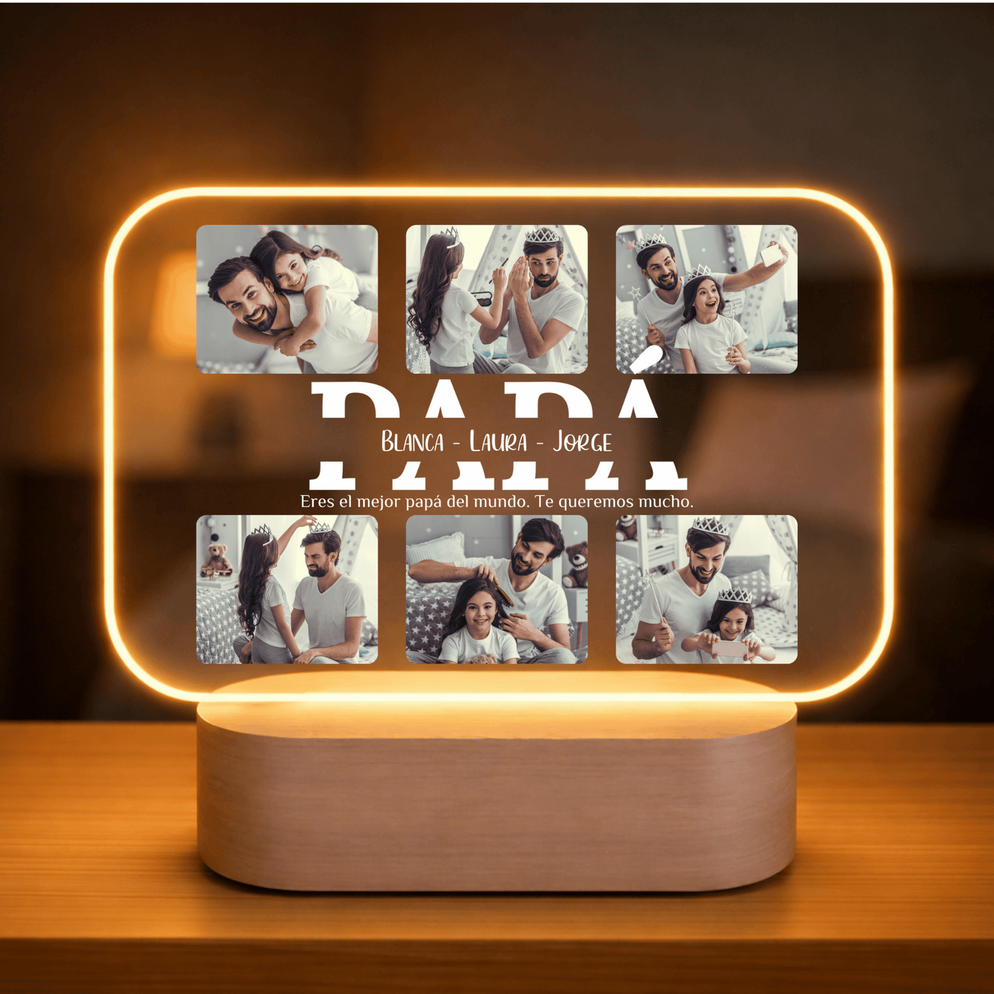 Lámpara Personalizada Papá con Collage Horizontal y Fotos – Regalo Día del Padre Original con Placa LED Metacrilato, Base Madera Grabable y Texto Editable