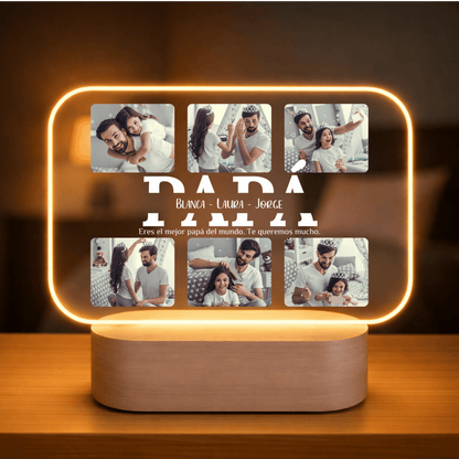 Lámpara Personalizada Papá con Collage Horizontal y Fotos – Regalo Día del Padre Original con Placa LED Metacrilato, Base Madera Grabable y Texto Editable