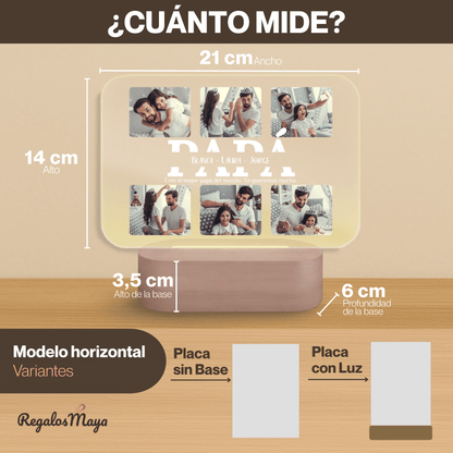 Lámpara Personalizada Papá con Collage Horizontal y Fotos – Regalo Día del Padre Original con Placa LED Metacrilato, Base Madera Grabable y Texto Editable