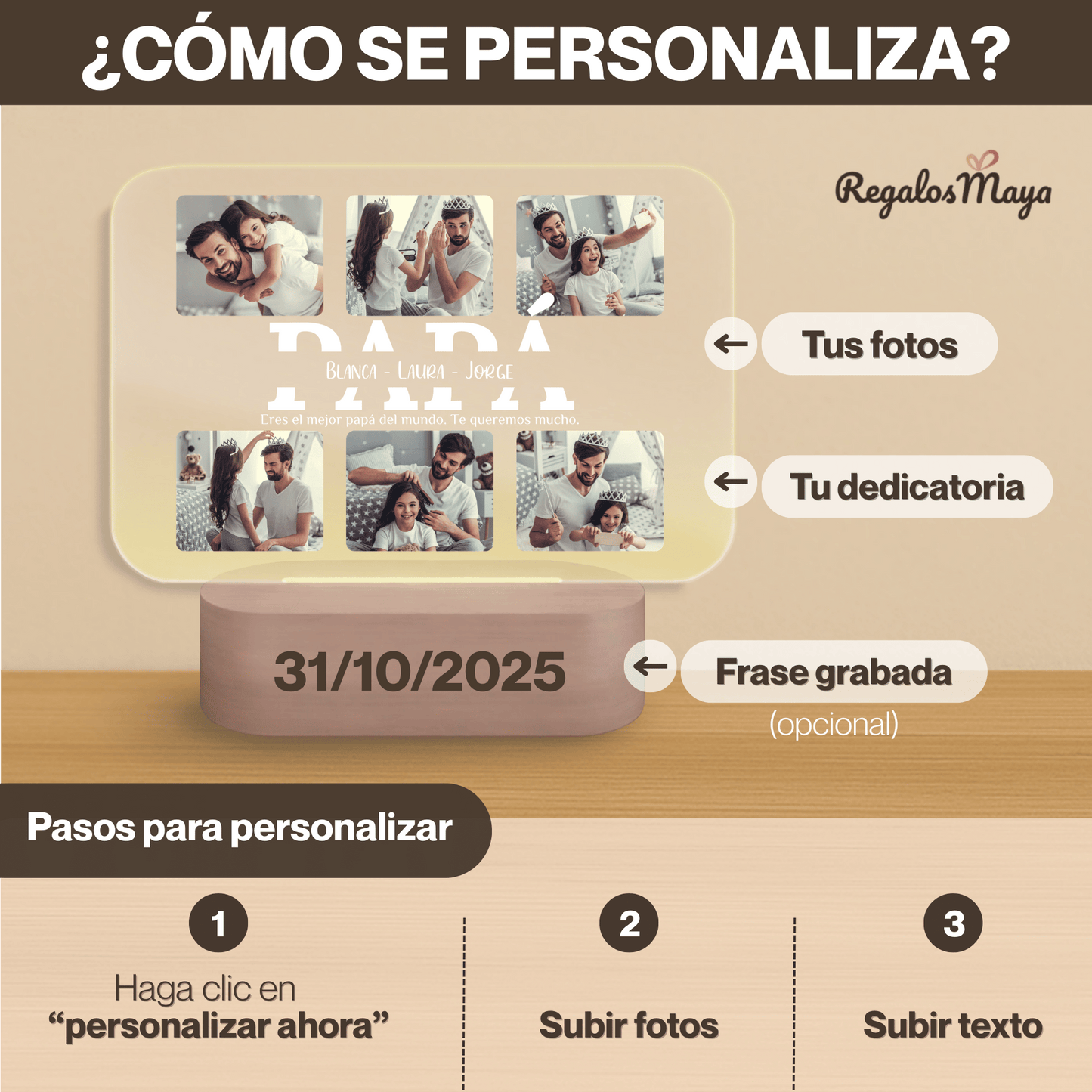 Lámpara Personalizada Papá con Collage Horizontal y Fotos – Regalo Día del Padre Original con Placa LED Metacrilato, Base Madera Grabable y Texto Editable