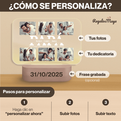 Lámpara Personalizada Papá con Collage Horizontal y Fotos – Regalo Día del Padre Original con Placa LED Metacrilato, Base Madera Grabable y Texto Editable
