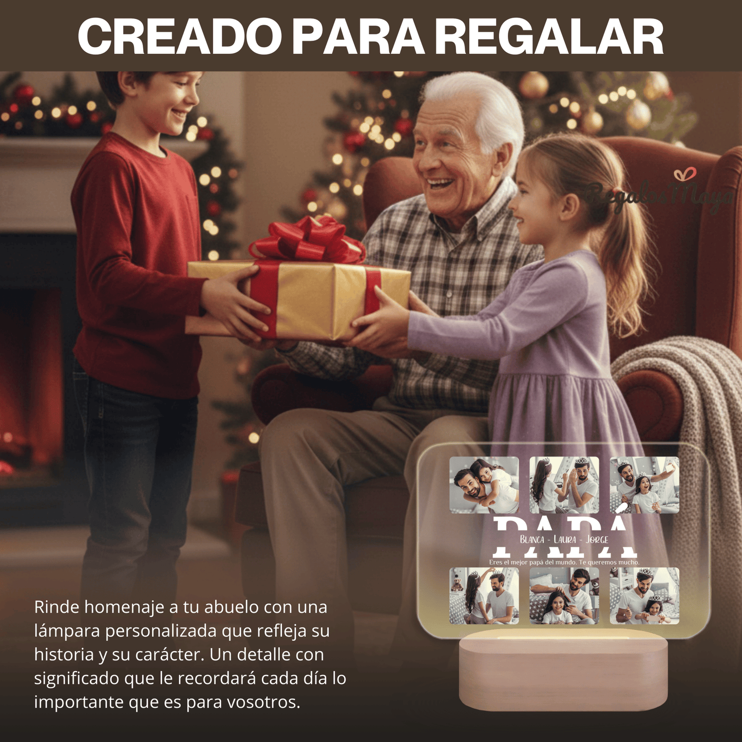 Lámpara Personalizada Papá con Collage Horizontal y Fotos – Regalo Día del Padre Original con Placa LED Metacrilato, Base Madera Grabable y Texto Editable