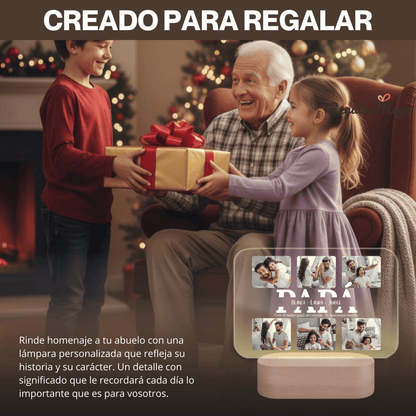 Lámpara Personalizada Papá con Collage Horizontal y Fotos – Regalo Día del Padre Original con Placa LED Metacrilato, Base Madera Grabable y Texto Editable