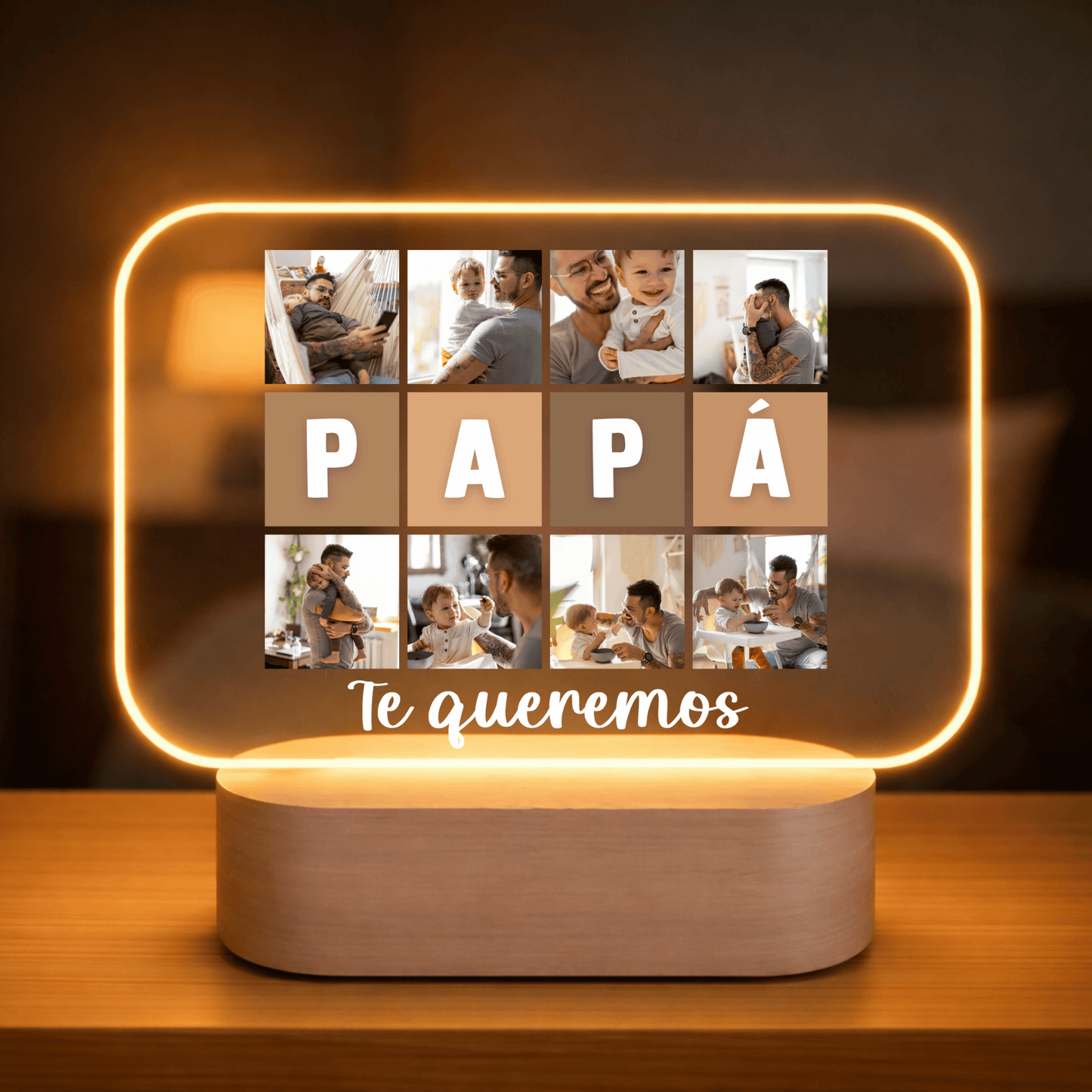 Lámpara Personalizada Papá con Mosaico Fotográfico y Letras Integradas – Regalo Día del Padre Original en Placa LED Metacrilato con Base Grabable Opcional
