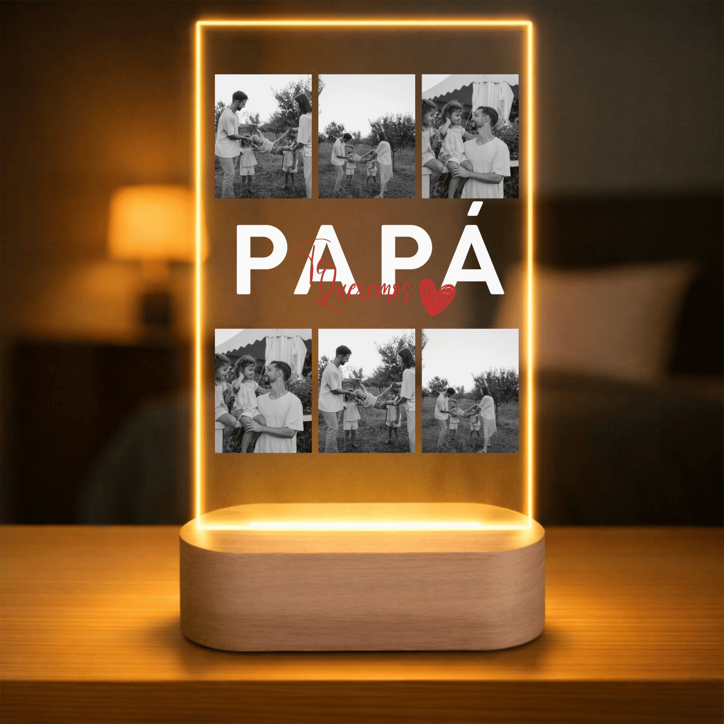 Lámpara Personalizada Papa con Fotos y Diseño Central – Regalo Original Día del Padre con Luz LED en Placa de Metacrilato y Base de Madera Grabable Opcional