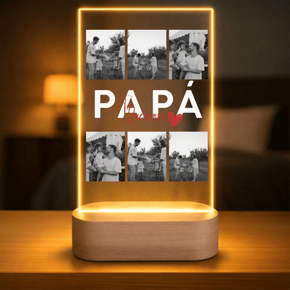 Lámpara Personalizada Papa con Fotos y Diseño Central – Regalo Original Día del Padre con Luz LED en Placa de Metacrilato y Base de Madera Grabable Opcional