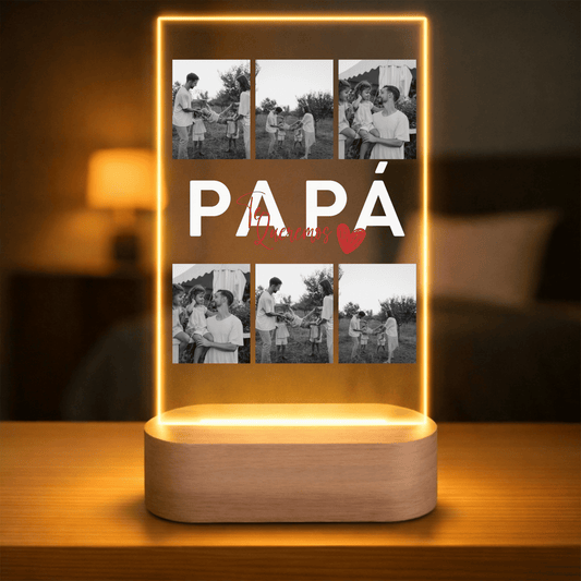 Lámpara Personalizada Papa con Fotos y Diseño Central – Regalo Original Día del Padre con Luz LED en Placa de Metacrilato y Base de Madera Grabable Opcional