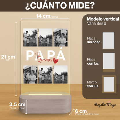 Lámpara Personalizada Papa con Fotos y Diseño Central – Regalo Original Día del Padre con Luz LED en Placa de Metacrilato y Base de Madera Grabable Opcional