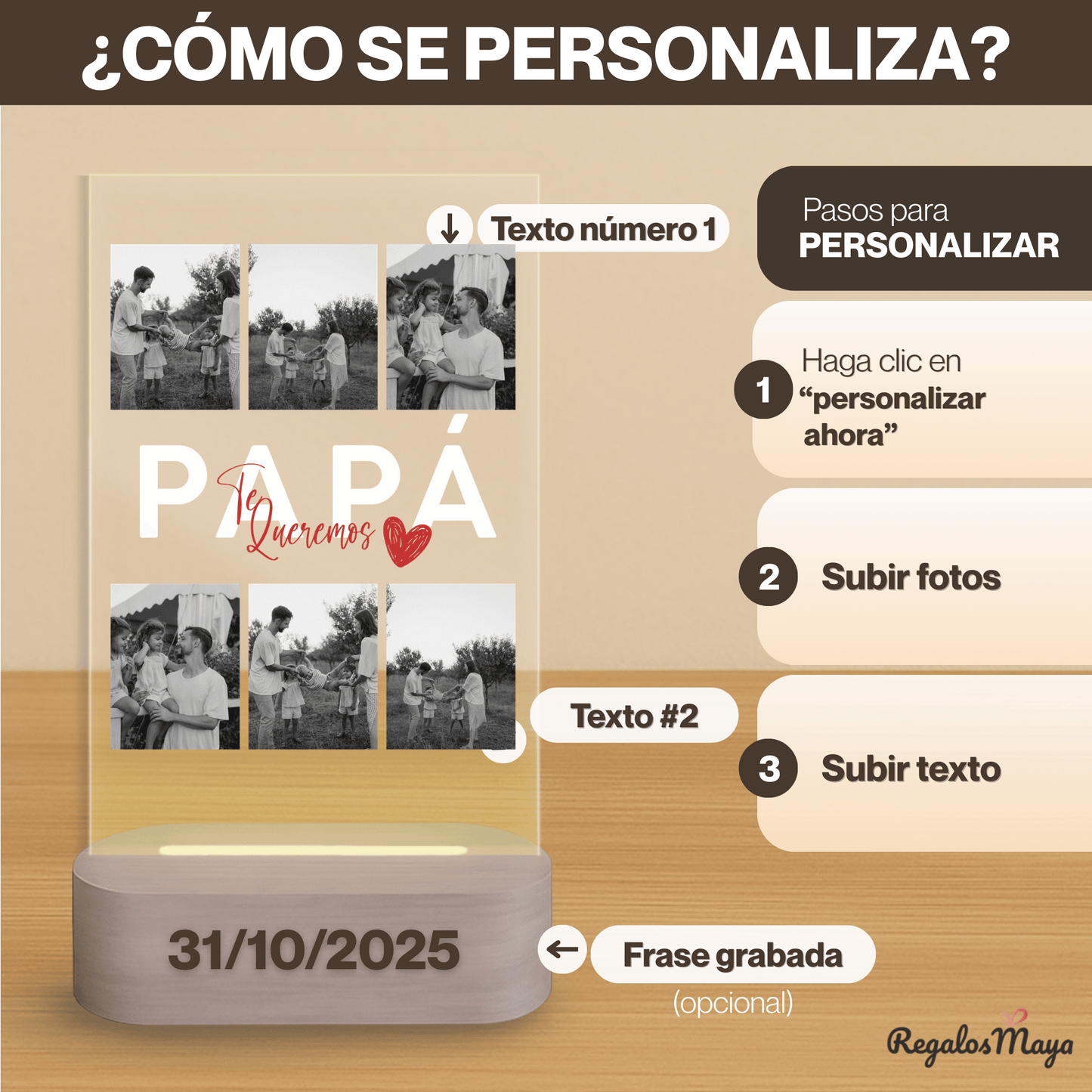 Lámpara Personalizada Papa con Fotos y Diseño Central – Regalo Original Día del Padre con Luz LED en Placa de Metacrilato y Base de Madera Grabable Opcional