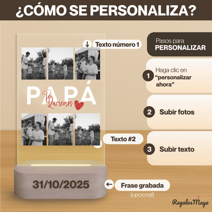 Lámpara Personalizada Papa con Fotos y Diseño Central – Regalo Original Día del Padre con Luz LED en Placa de Metacrilato y Base de Madera Grabable Opcional