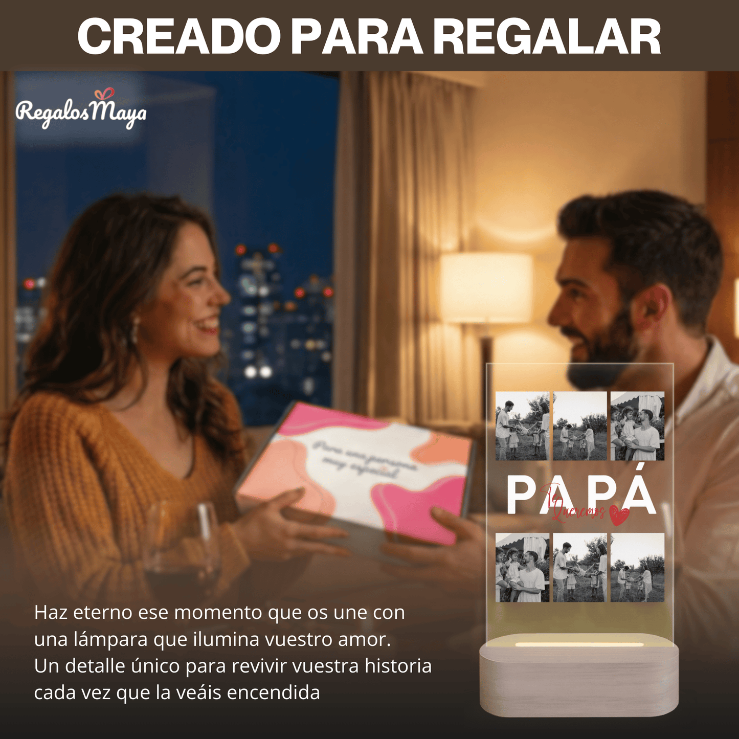 Lámpara Personalizada Papa con Fotos y Diseño Central – Regalo Original Día del Padre con Luz LED en Placa de Metacrilato y Base de Madera Grabable Opcional