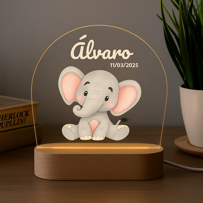 Lámpara LED infantil personalizada con elefante – Regalo con nombre para bebé