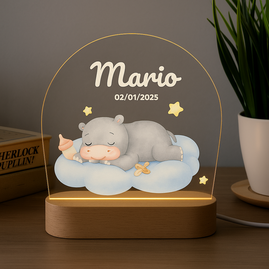 Lámpara infantil personalizada con hipopótamo dormido – Luz quitamiedos con nombre