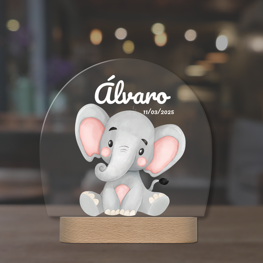 Lámpara LED infantil personalizada con elefante – Regalo con nombre para bebé