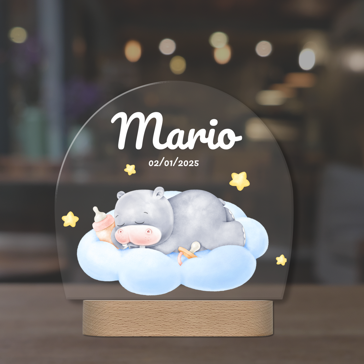 Lámpara infantil personalizada con hipopótamo dormido – Luz quitamiedos con nombre