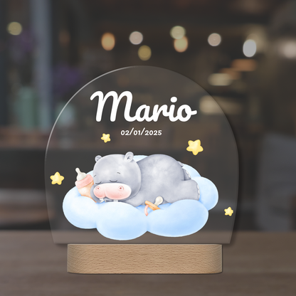 Lámpara infantil personalizada con hipopótamo dormido – Luz quitamiedos con nombre
