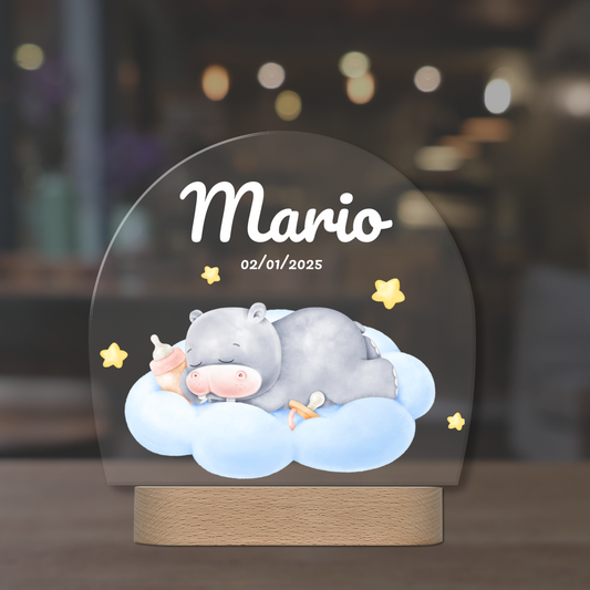 Lámpara infantil personalizada con hipopótamo dormido – Luz quitamiedos con nombre