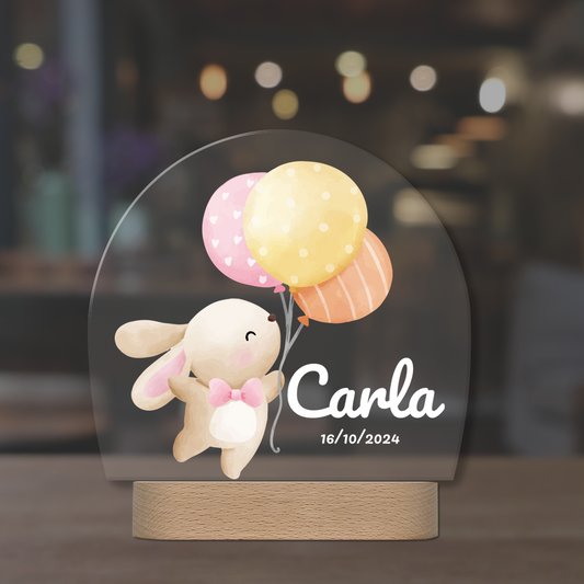 Lámpara LED infantil personalizada con conejita y globos – Regalo original para niñas