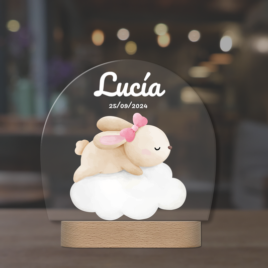 Lámpara infantil personalizada con conejita sobre nube – Luz de noche con nombre