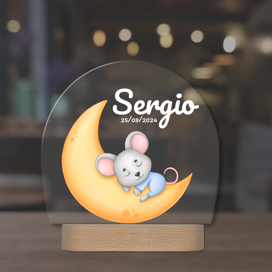 Lámpara infantil personalizada con ratoncito durmiendo en la luna – Luz quitamiedos para bebés